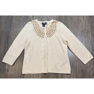 JONES NEW YORK SIGNATURE Cream Crochet Beaded Linen Blend‎ Cardigan Sweater S